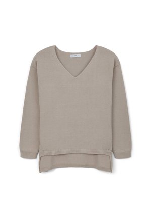 Pull en tricot beige avec décolleté en V, manches longues et fentes sur les côtés au niveau de l'ourlet. Fabriqué en matériau doux et texturé. Design simple et minimaliste.