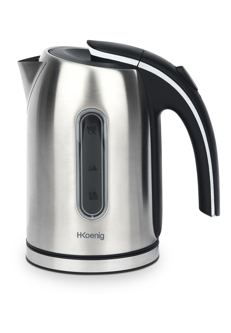 Bouilloire en acier inoxydable avec une poignée en plastique noire, indicateur de niveau d'eau visible, et une base au design circulaire ; capacité de 1,7 litre.