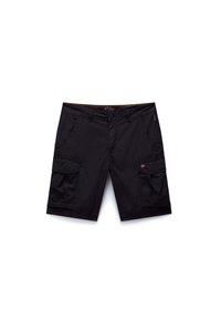 Schwarze Cargo-Shorts aus strapazierfähigem Stoff, mit mehreren Seitentaschen, einem Knopfverschluss und einem geraden Schnitt mit verstärkten Nähten.