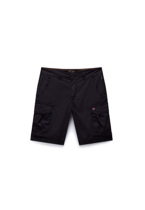 Schwarze Cargo-Shorts aus strapazierfähigem Stoff, mit mehreren Seitentaschen, einem Knopfverschluss und einem geraden Schnitt mit verstärkten Nähten.