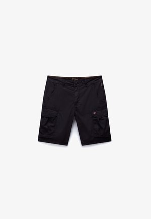 Schwarze Cargo-Shorts aus strapazierfähigem Stoff, mit mehreren Seitentaschen, einem Knopfverschluss und einem geraden Schnitt mit verstärkten Nähten.