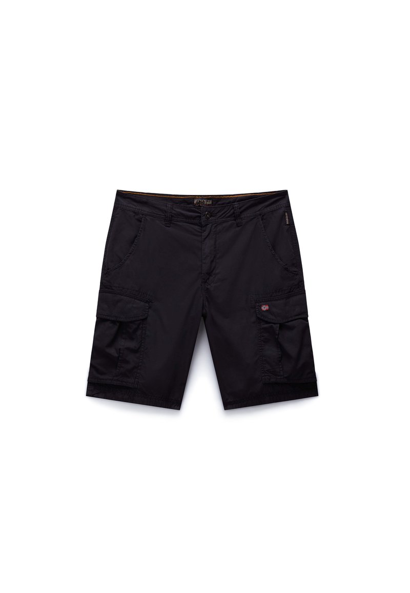 Schwarze Cargo-Shorts aus strapazierfähigem Stoff, mit mehreren Seitentaschen, einem Knopfverschluss und einem geraden Schnitt mit verstärkten Nähten.