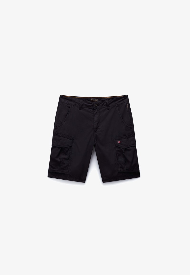Schwarze Cargo-Shorts aus strapazierfähigem Stoff, mit mehreren Seitentaschen, einem Knopfverschluss und einem geraden Schnitt mit verstärkten Nähten.
