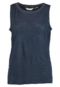 Mörkblå ärmlös topp med rund halsringning som har subtil metallisk kantning, lättvikts semi-transparent tyg och en avslappnad passform.