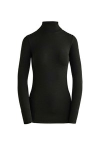 Čierny, dlhý rukáv turtleneck top vyrobený z pleteného materiálu. Má rebrovaný golier a manžety, priliehavý strih a hladkú textúru.