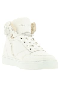 Weiße High-Top-Sneaker aus strukturiertem Leder mit Kunstpelzfutter, seitlichem Reißverschluss und Schnürverschluss. Markenlogo auf der Zunge.