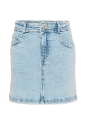 Jasnoniebieska mini spódnica dżinsowa z przednim zapięciem na guziki, zamkiem błyskawicznym, szlufkami na pasek i przednimi kieszeniami.