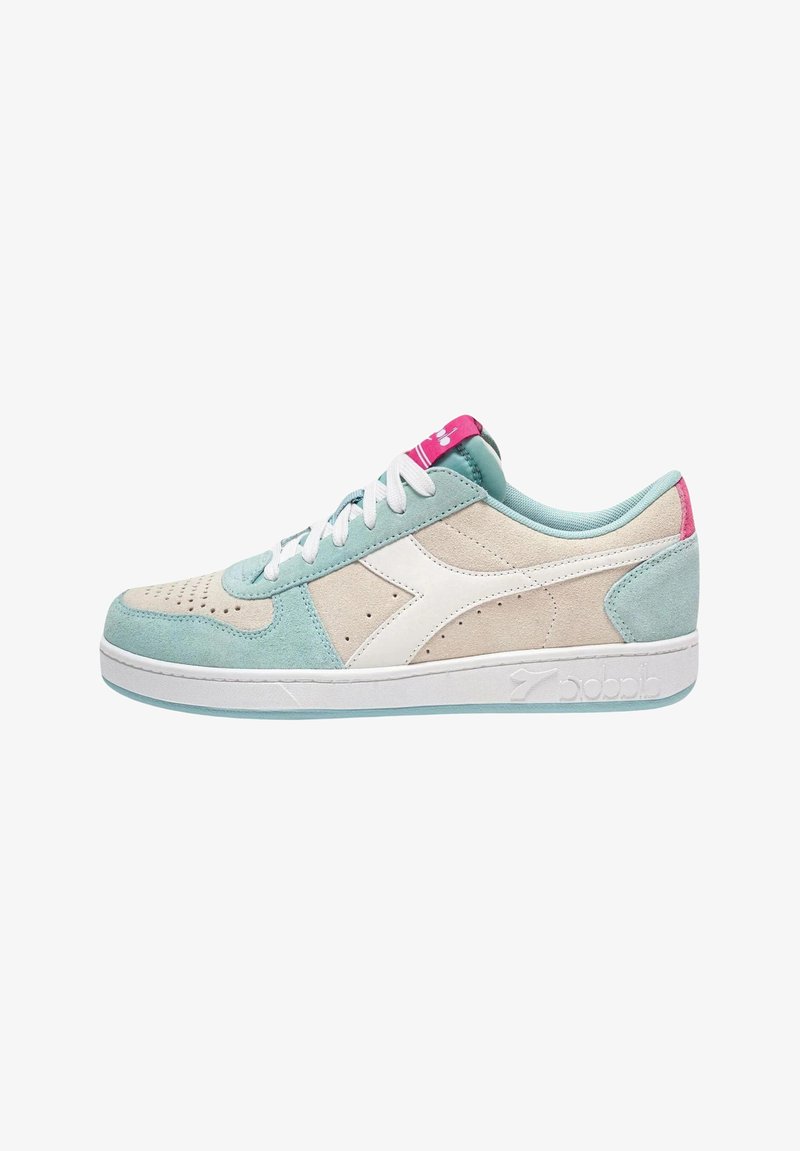 Sneaker azzurri chiari e crema realizzati in materiali scamosciati e in pelle, con lacci bianchi, dettagli perforati e un accento rosa sul tallone.