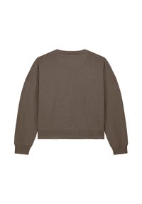 Bruine lange mouwen crewneck sweatshirt met geribbelde manchetten en onderrand, weergegeven vanuit de achterkant op een witte achtergrond.