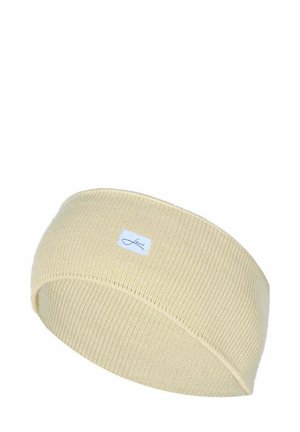 Beige gestricktes Haarband mit einer glatten Textur und einem stilvollen Logotag. Es ist elastisch und breit, um bequem um den Kopf zu passen.