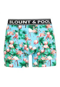 Herren Boxer-Shorts aus lichtblauem Stoff mit einem bunten Druck von Flamingos und Palmblättern. Schwarzer elastischer Bund mit "BLOUNT & POOL"-Logo.