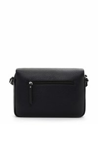Black leather crossbody bag with a textured surface, rectangular shape, and a front zipper pocket. Features an adjustable strap.