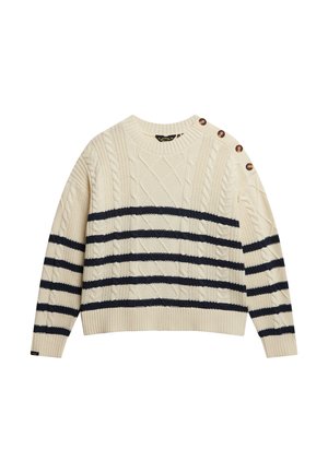 Suéter de punto trenzado en color crema con rayas navy. Presenta un cuello redondo y detalle de botones en el hombro. Textura suave y dobladillo acanalado.