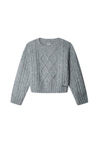 Maglione corto grigio a maglia grossa con motivo a rombi e perline decorative. Presenta maniche lunghe e scollatura rotonda.