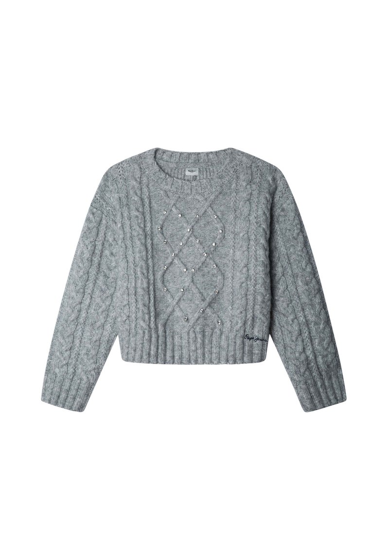 Maglione corto grigio a maglia grossa con motivo a rombi e perline decorative. Presenta maniche lunghe e scollatura rotonda.
