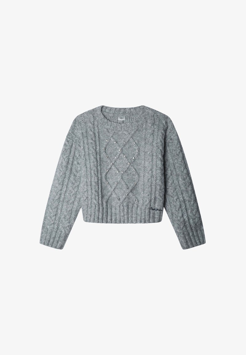 Šedý pletený crop sveter s diamantovým vzorom a dekoračnými korálkami. Má dlhé rukávy a okrúhly výstrih.