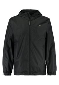 Giacca nera resistent all'acqua realizzata in tessuto leggero con zip frontale, cappuccio regolabile e polsini elasticizzati. Presenta un logo sul petto.