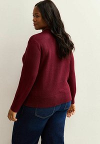 Maglione lavorato a maglia color bordeaux con orlo e polsini a coste, caratterizzato da un design minimalista. Indossato con jeans blu scuro, visto da dietro.