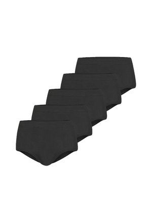 Five black high-waist briefs arranged in a staggered stack on a white background.