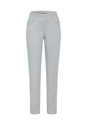 Pantalons gris clair en tissu doux, avec une taille élastique, deux poches avant et une coupe fuselée. Détails de couture simples partout.