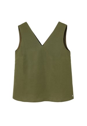 Top senza maniche verde oliva con scollatura a V profonda, tessuto leggero e texture liscia. Presenta un design senza decorazioni.