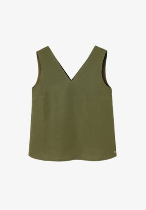 Oliivroheline varrukateta topp sügava V-kaelusega, kerge kangas ja sile tekstuur. Omab kaunistamata disaini.