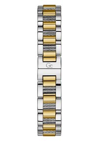 Srebrna in zlatotone kovinska zapestnica za uro, ki vsebuje izmenične gladke in teksturirane povezave ter podrobnost z logotipom.