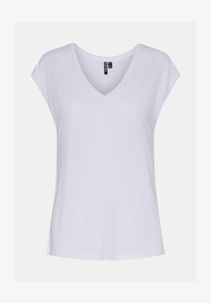 Hvit kortermet V-hals T-skjorte laget av mykt stoff. Har en avslappet passform og rene sømmer. Minimalistisk design uten tilleggsmønstre.