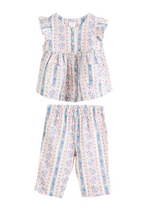 Dvojdielny dievčenský outfit s tielkovým zapínaným topom a elastickými nohavicami, s vertikálnym kvetinovým a srdiečkovým vzorom v modrej, ružovej a bielej farbe.