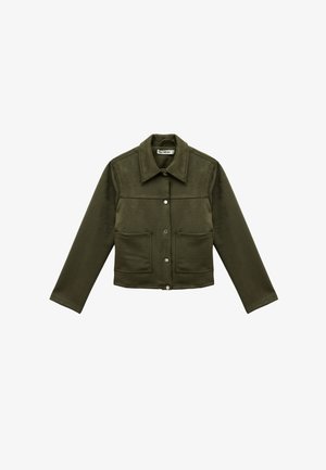 Olive green jacket made of soft fabric, featuring a point collar, two chest pockets, and button closure. Straight-cut with long sleeves.