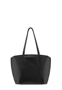 Borsa tote nera in pelle con finitura texturizzata, forma strutturata e due manici lunghi. Nessun hardware visibile o accenti.
