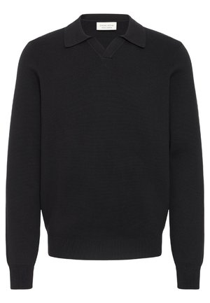 Svart strikkegenser med v-hals og krage. Har lange ermer, ribbestrikkede mansjetter og en teksturert stoff.