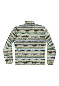 Sudadera de manga larga con un patrón geométrico multicolor en negro, verde, amarillo pálido y lavanda, hecha de una tela suave. Diseño de cuello alto.