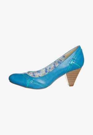 Chaussure à talon haut en cuir teal avec un bout rond, des coutures décoratives et une doublure intérieure à motif floral. Présente un talon en bois.