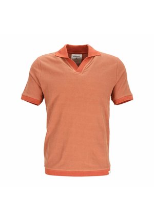 Short-sleeve textured orange polo shirt with turned-down collar and V-shaped neckline, labeled Nowadays inside the collar.