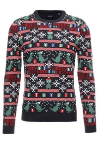 Pull en mailles avec un motif festif de dinosaure et de cadeaux en vert, rouge et blanc sur fond marine ; encolure ronde et manches longues.
