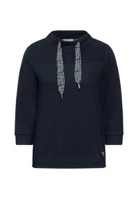Mörk marinblå trivsamtröja med horisontell ribbad textur, lös passform, trekvartsärmar och mönstrade snören med silverdetaljer.