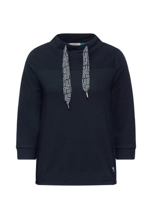Pull en marine noir avec texture côtelée horizontale, coupe ample, manches trois quarts et cordons de serrage à motif avec accent argenté.