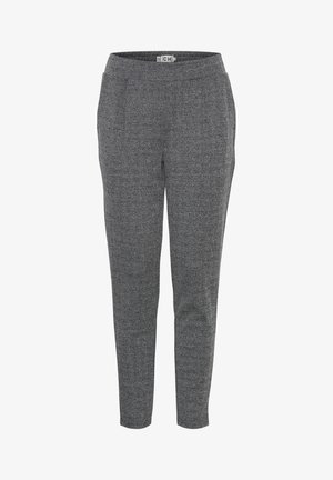 Pantalons à motif pied-de-poule gris avec une coupe droite, taille élastique et poches latérales. Le tissu semble texturé et léger.