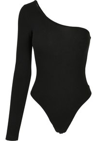 Černý body s jedním ramenem vyrobený z elastického materiálu, který má dlouhý rukáv na jedné straně, vysoký výstřih nohavic a obepnutou siluetu.