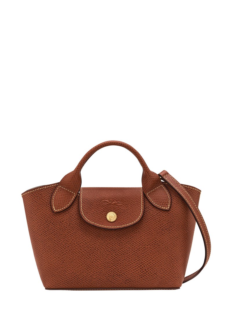 Brown textured leather handbag with a rounded shape, two top handles, a detachable shoulder strap, and gold-tone hardware accent.