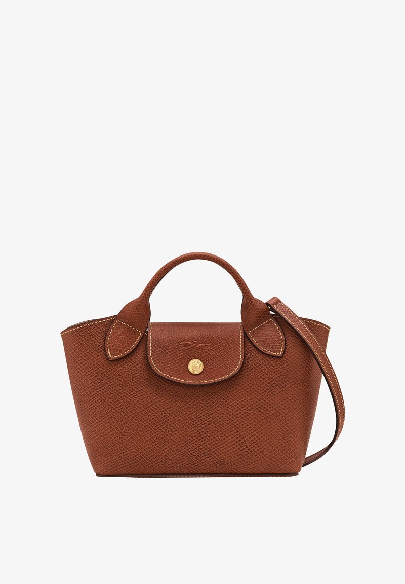 Brown textured leather handbag with a rounded shape, two top handles, a detachable shoulder strap, and gold-tone hardware accent.
