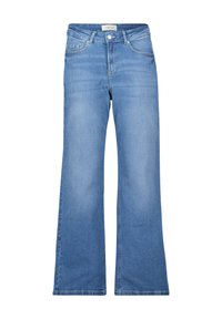 Jeans azzurri chiari a vita alta con design a gamba larga, dotati di apertura con zip, passanti per cintura e quattro tasche. Realizzati in tessuto denim.