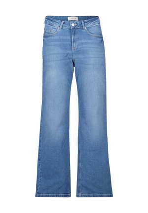 Jean taille haute de couleur bleu clair, avec une coupe large, dotée d'une fermeture éclair, de passants de ceinture et de quatre poches. Fabriqué en tissu denim.
