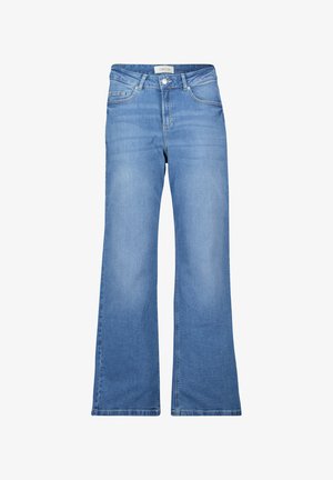Jeans azzurri chiari a vita alta con design a gamba larga, dotati di apertura con zip, passanti per cintura e quattro tasche. Realizzati in tessuto denim.