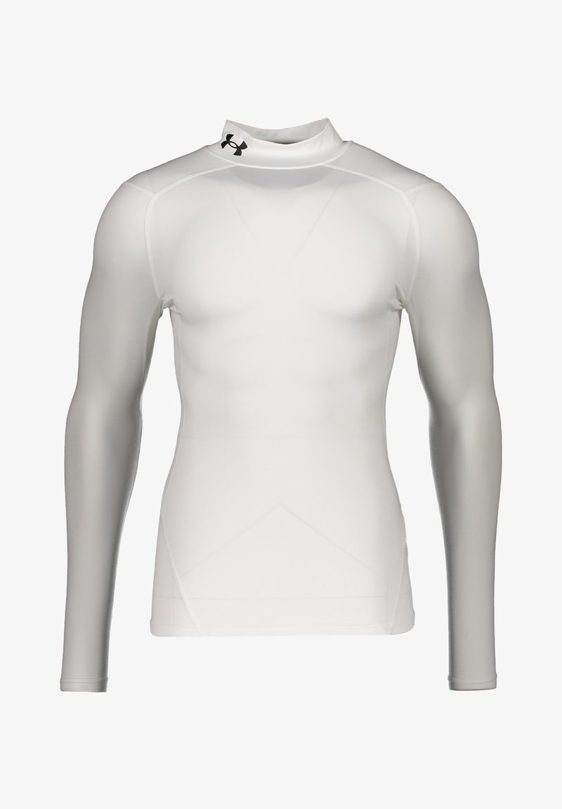 Maglietta sportiva bianca a maniche lunghe con colletto alto, realizzata in materiale elastico. Presenta un design aderente e sottili accenti testurizzati.