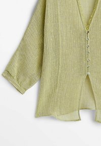Blouse en lin vert clair à manches longues, col en V, petits boutons sur le devant et ourlet légèrement évasé.