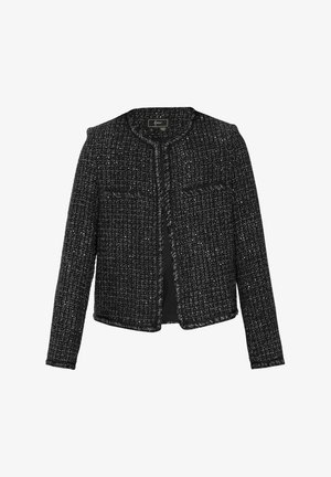 Jachetă din tweed negru cu un finisaj texturat, guler rotund și fără închidere. Are două buzunare frontale și margini ușor desfăcute.