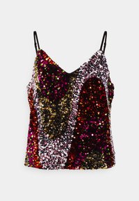 Top in paillettes con scollatura a V e spalline nere. I colori includono rosso, rosa, oro e argento in un motivo a spirale. Finitura testurizzata.