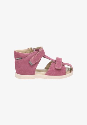 Sandali per bambini in suede rosa con design a taglio, cinturini in Velcro, punta aperta e suola in gomma bianca. Presentano rifiniture di cucitura.